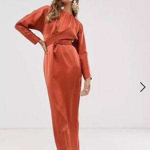 ASOS DESIGN satin maxi dress with batwing sleeve and wrap waist in rust